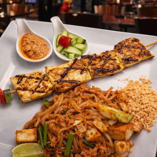 Grilled chicken skewers with peanut sauce, cucumber relish, and Pad See Ew with lime.