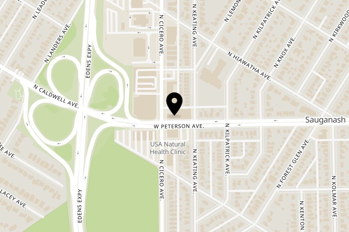 Map showing the location of Thai O'Clock on 4748 West Peterson Avenue in Chicago